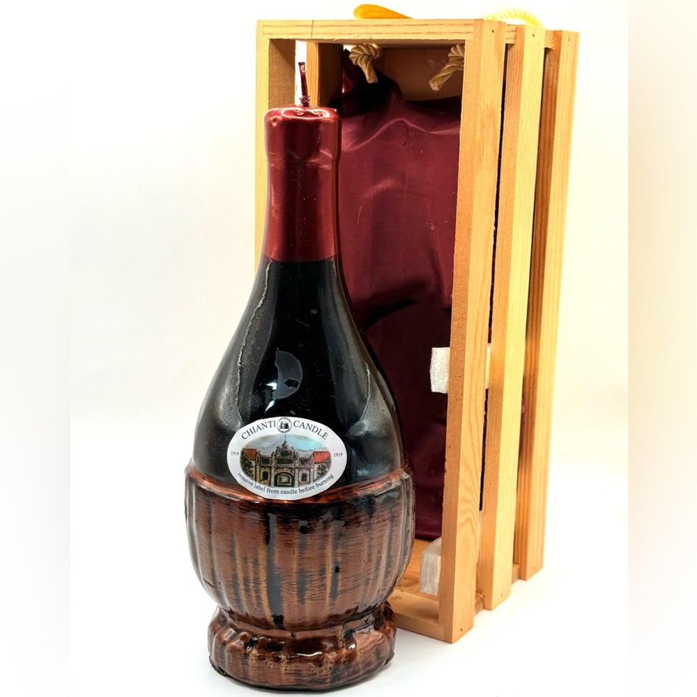 Large Romantic Chianti Wine Bottle Candle – 9” Tall in Wood Crate Gift Set